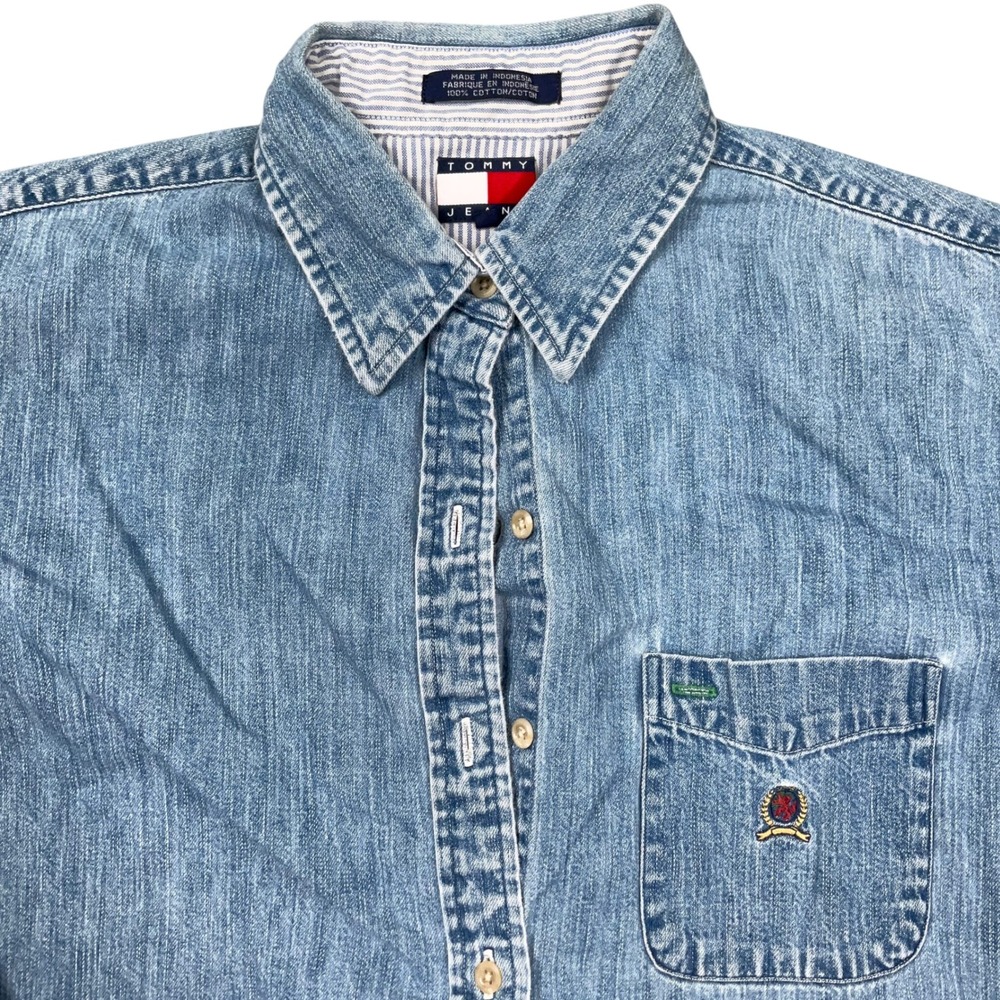 Tommy Hilfiger Denim Shirt Women 12 Blue Crest Embroidery Preppy Chore Farm 90s